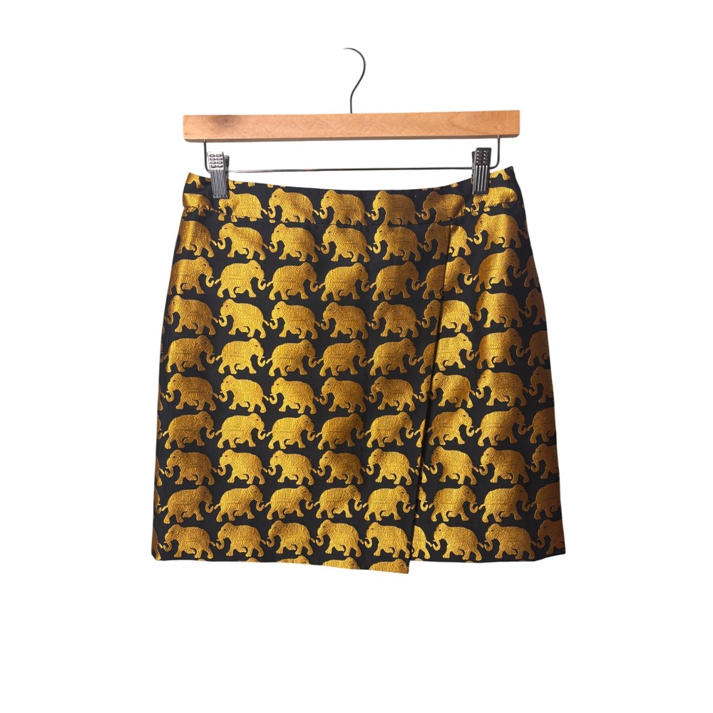 J.Crew Women Skirt 0 Black Gold Elephant Jacquard Metallic Mini B5282 Preppy